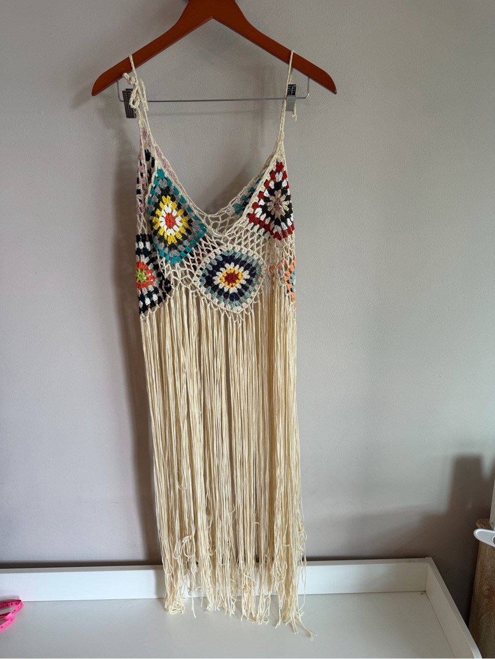 SHEIN Curve Crochet Granny Square Fringe Cover Up Top Cream Multi 1XL